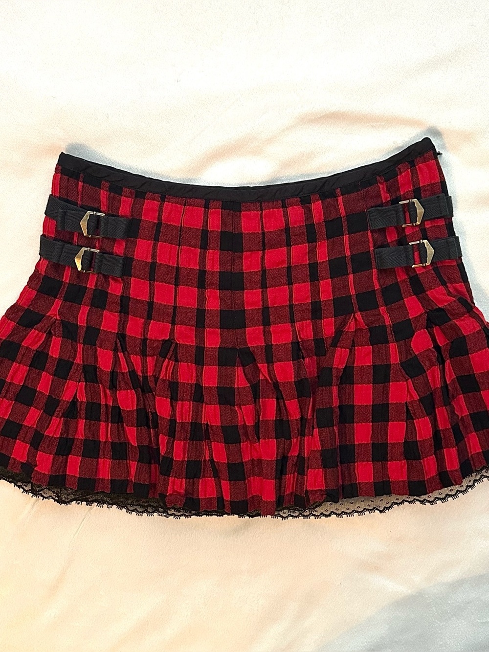 Vintage FREE PEOPLE Red Black Checker Low Rise Mini Skirt M Goth Schoolgirl Y2K